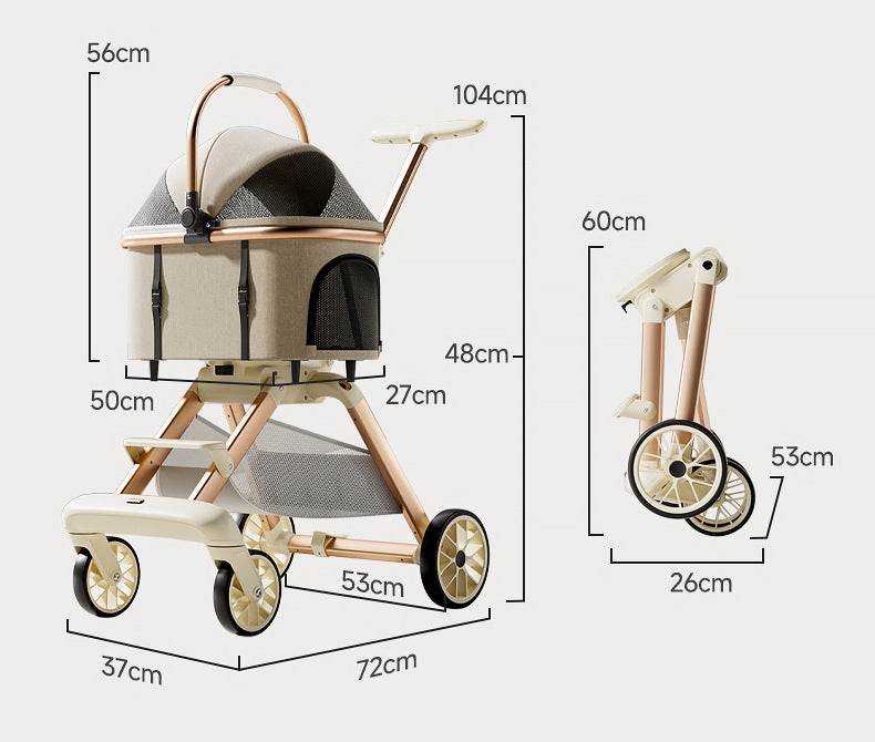 Luxury pet stroller for medium-sized dogs and cats with breathable mesh, foldable design, and large storage basket
