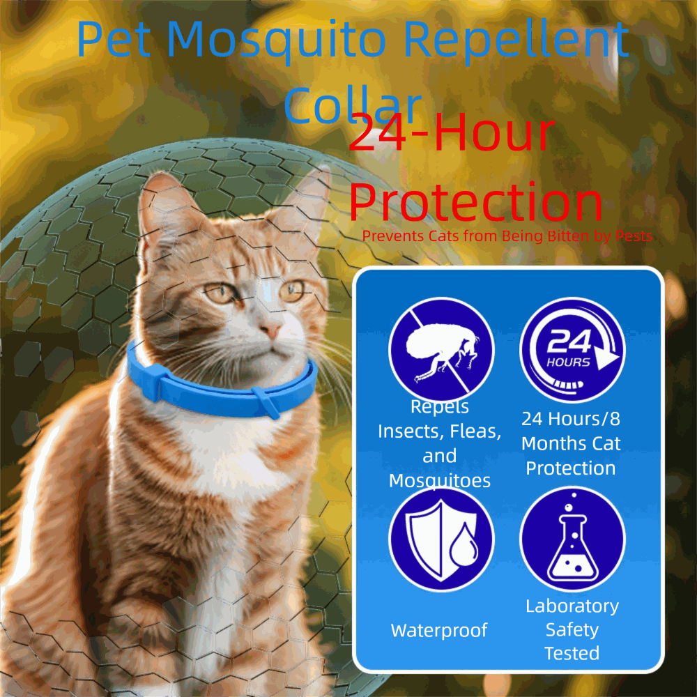 Blue anti-flea collar on cat with mosquito repellent and 8-month protection label