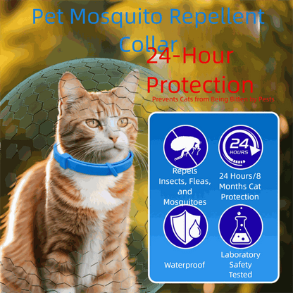Blue anti-flea collar on cat with mosquito repellent and 8-month protection label