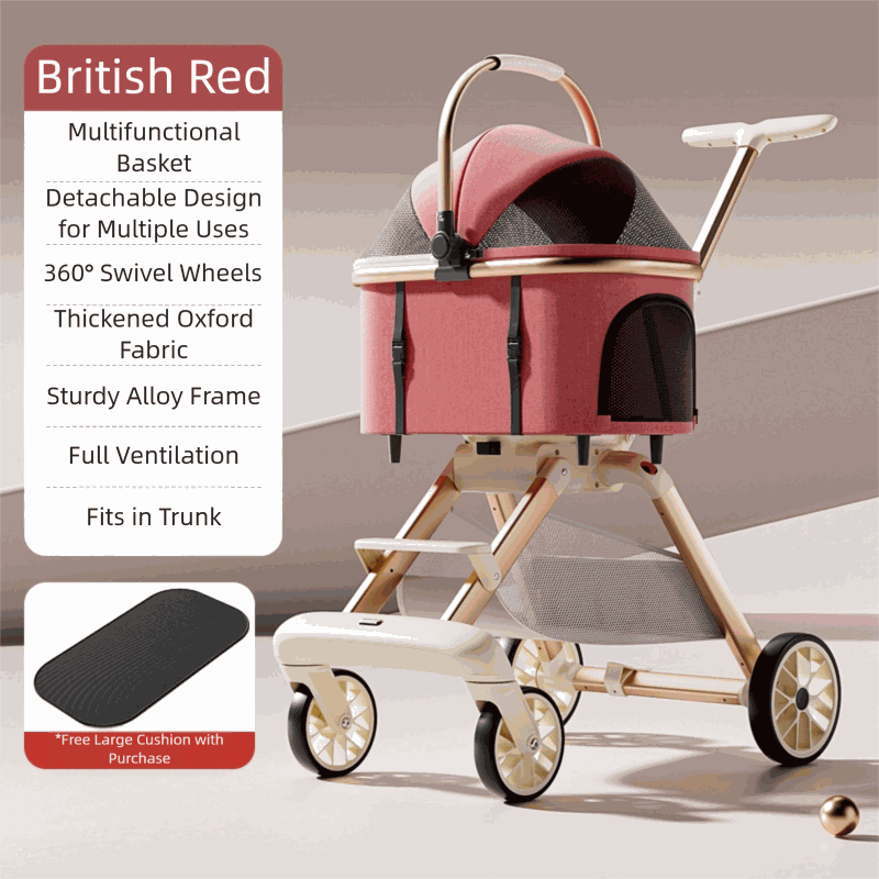 Luxury pet stroller in British red with multifunctional basket, 360 swivel wheels, sturdy alloy frame, full ventilation, and foldable design for medium-sized dogs and cats.