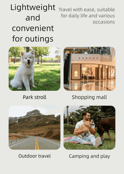 Collage showing a medium-sized dog on a park stroll, a shopping mall, an outdoor travel road, and a man camping with a dog, promoting the lightweight and convenient Luxury Pet Stroller for outings.
