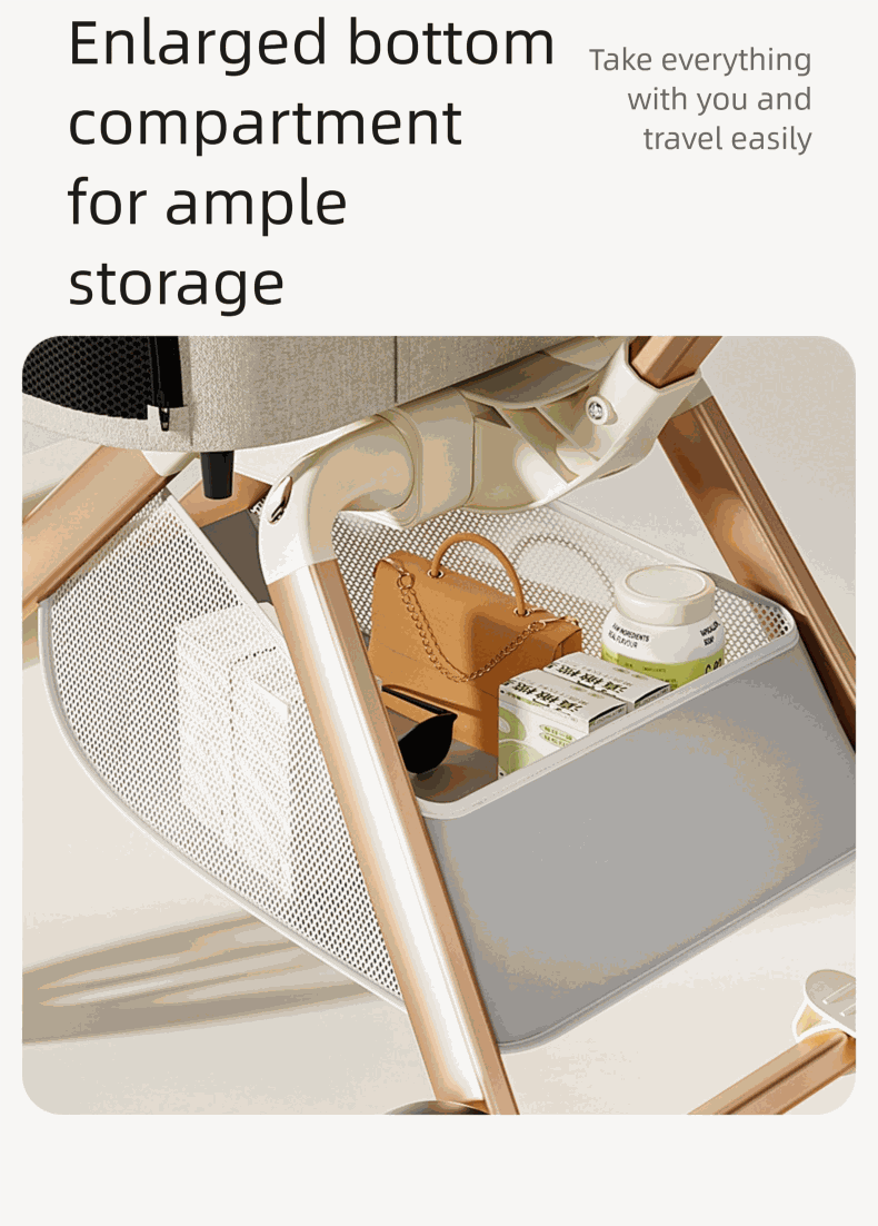 Luxury pet stroller with enlarged bottom compartment for ample storage and easy travel