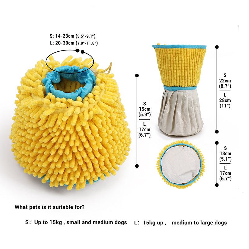 Dog Paw Cleaner Cup portable paw washer with soft silicone bristles for small to large dogs, available in two sizes, yellow microfiber exterior, easy to clean pet paw cleaner