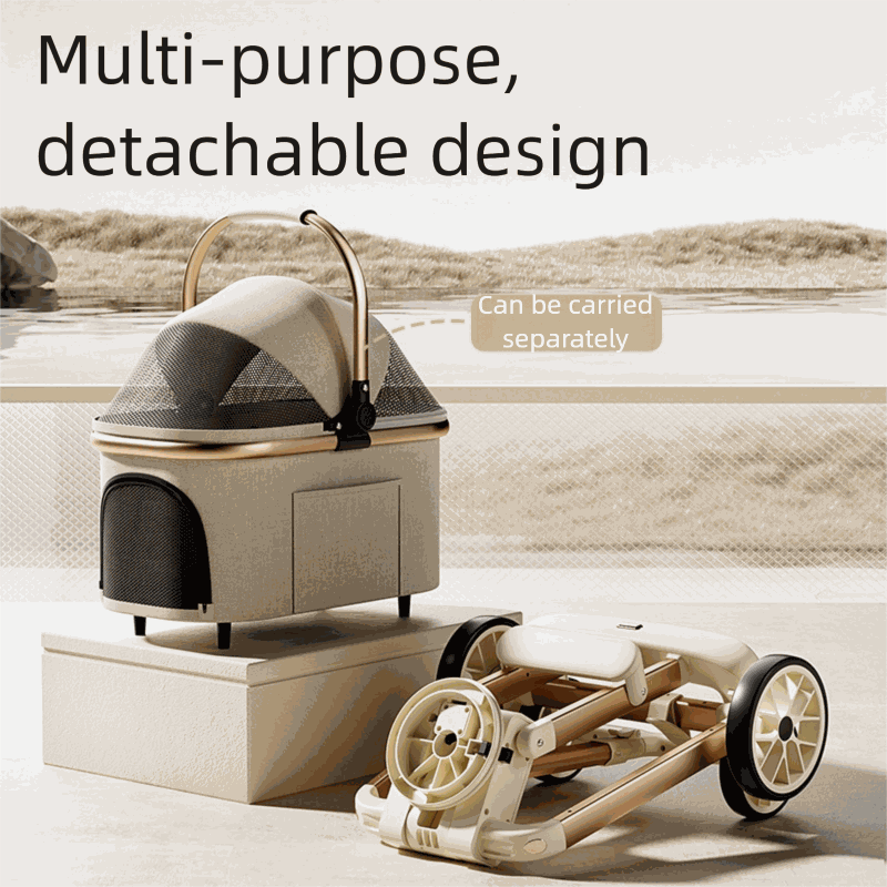 Luxury pet stroller for medium dogs and cats with detachable, foldable design and breathable mesh windows