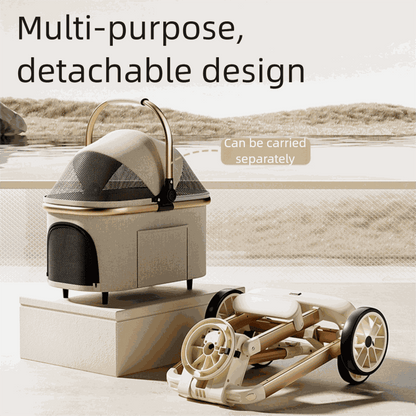 Luxury pet stroller for medium dogs and cats with detachable, foldable design and breathable mesh windows