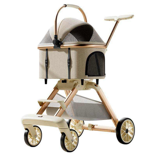 Luxury pet stroller for medium dogs and cats with breathable mesh windows, foldable design, and storage basket