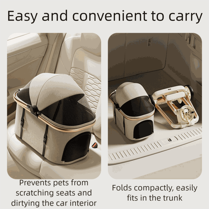 Luxury pet stroller for medium dogs and cats with foldable design, breathable mesh, and compact car storage.