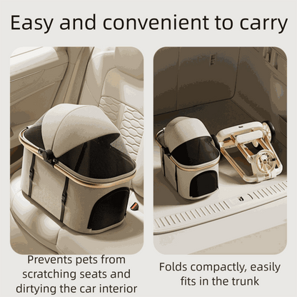 Luxury pet stroller for medium dogs and cats with foldable design, breathable mesh, and compact car storage.