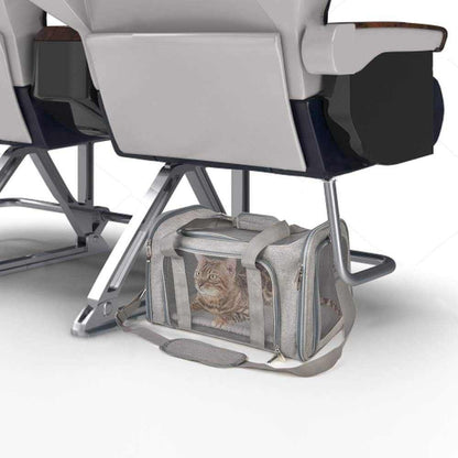 TSA approved Pet Backpack Transport Box with breathable mesh and durable design under airplane seat with a cat inside