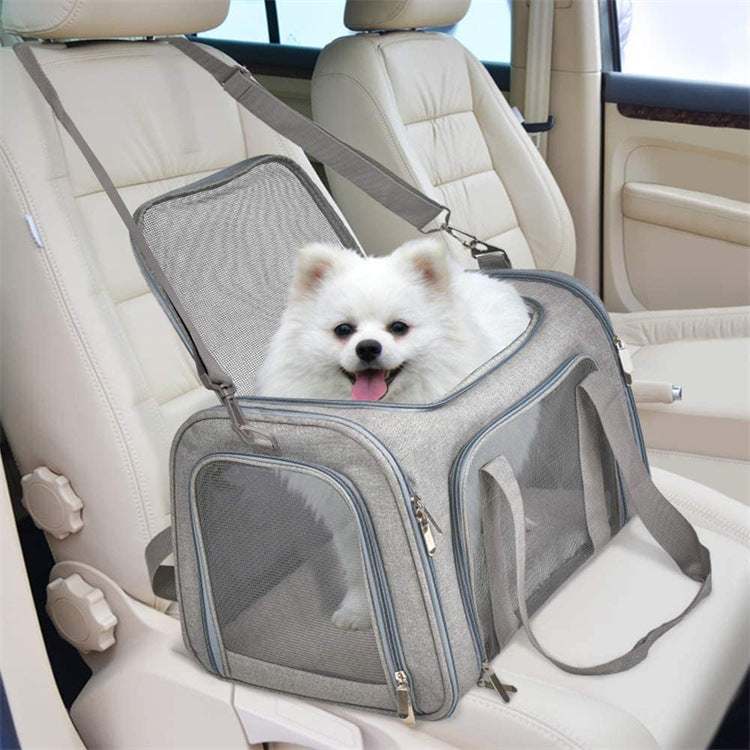 Pet Backpack Transport Box with mesh panels and white dog inside on car seat